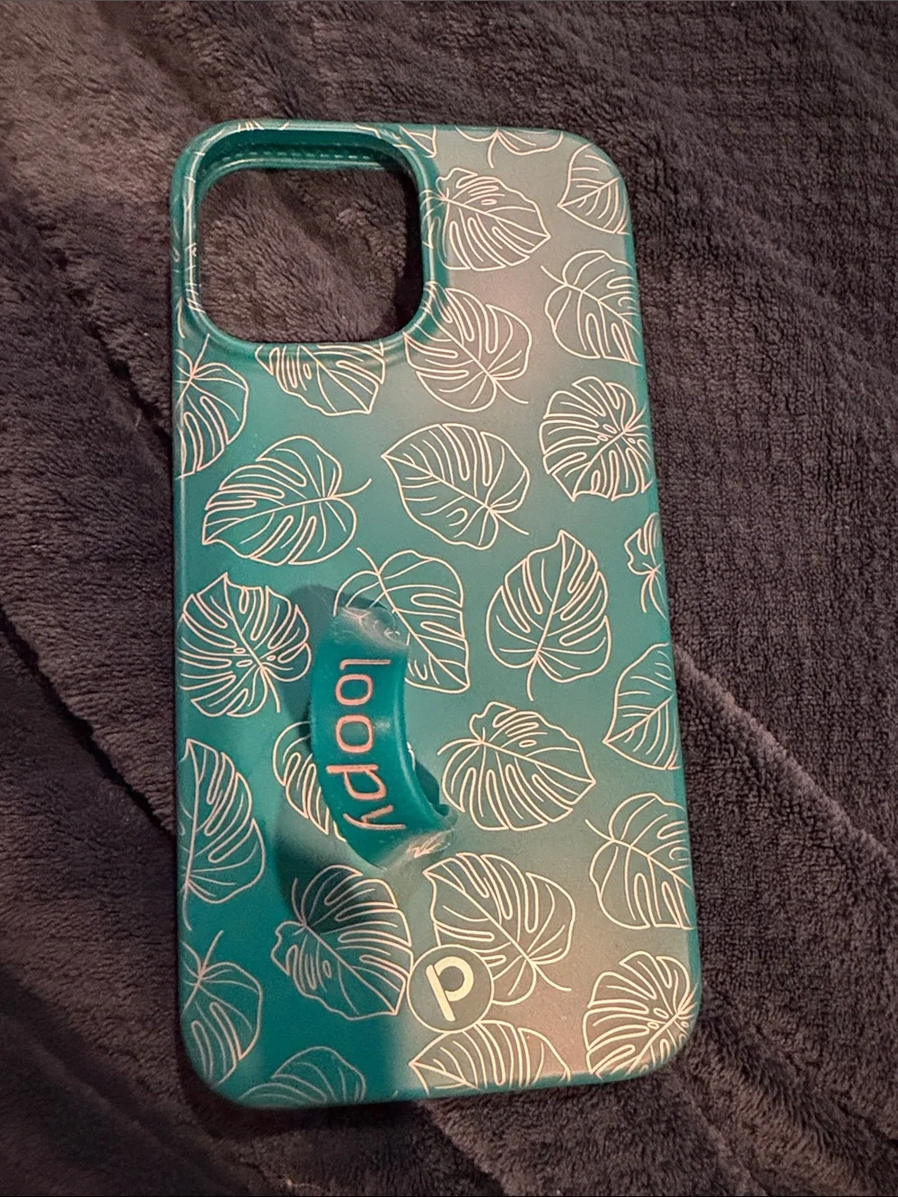 Loopy Case Teal 13 Pro Max iPhone Case with Gold Leaf Pattern and Finger Strap